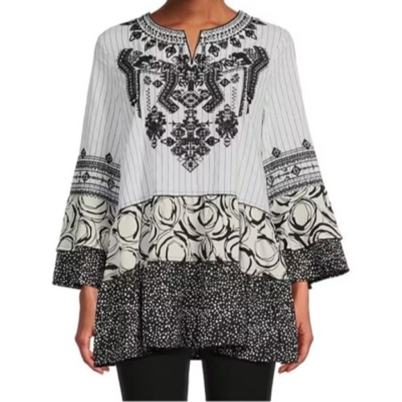 Calessa Mixed Print Embroidered Striped Tunic Top Size 3X Peasant Boho Artsy - Picture 1 of 9